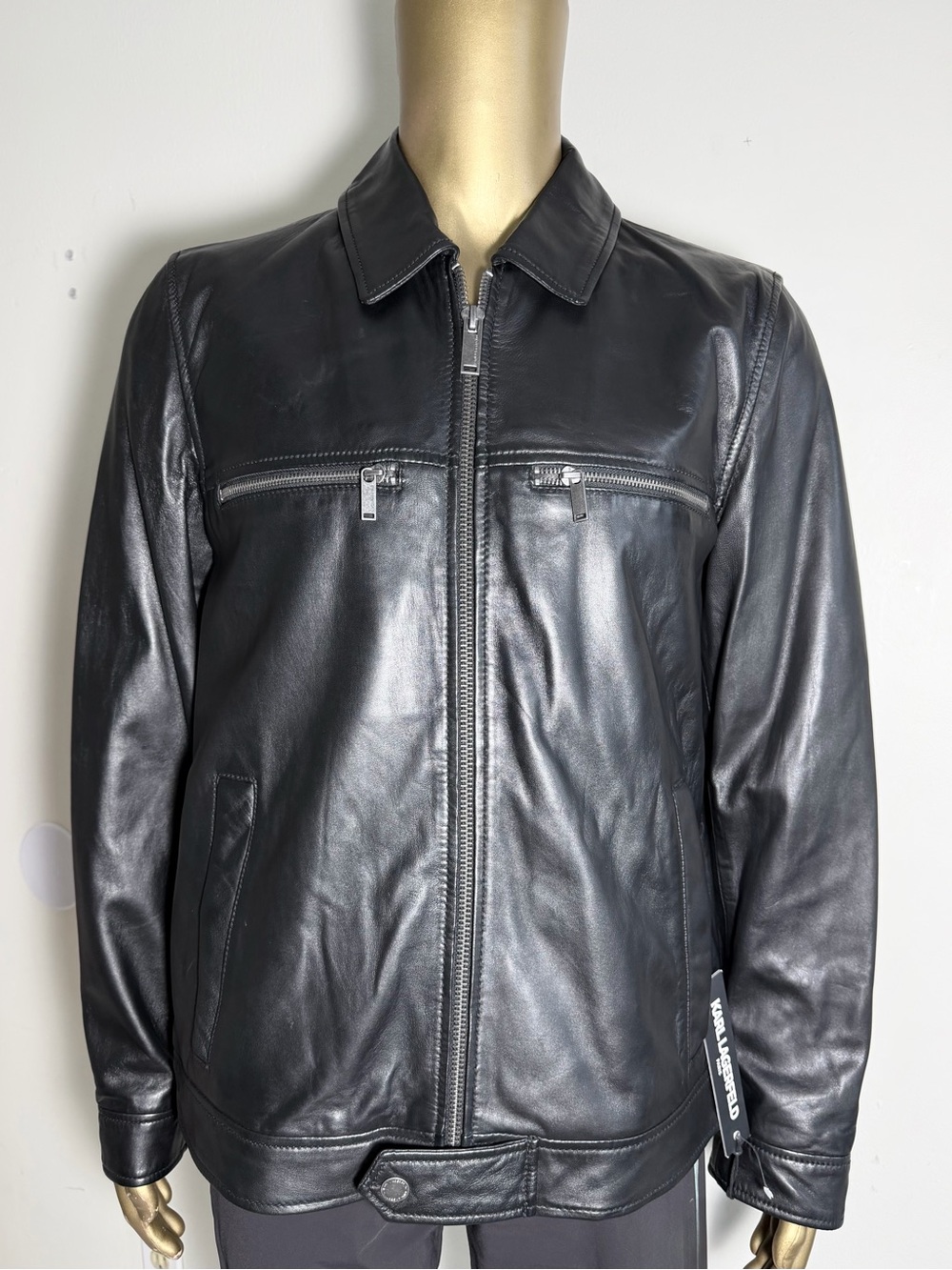 Karl Lagerfeld Black Leather Zip-Front Bomber Jacket